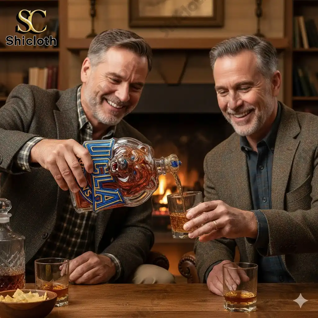 Two men pouring whiskey from a UCLA Bruins bear shaped bottle by a fireplace!