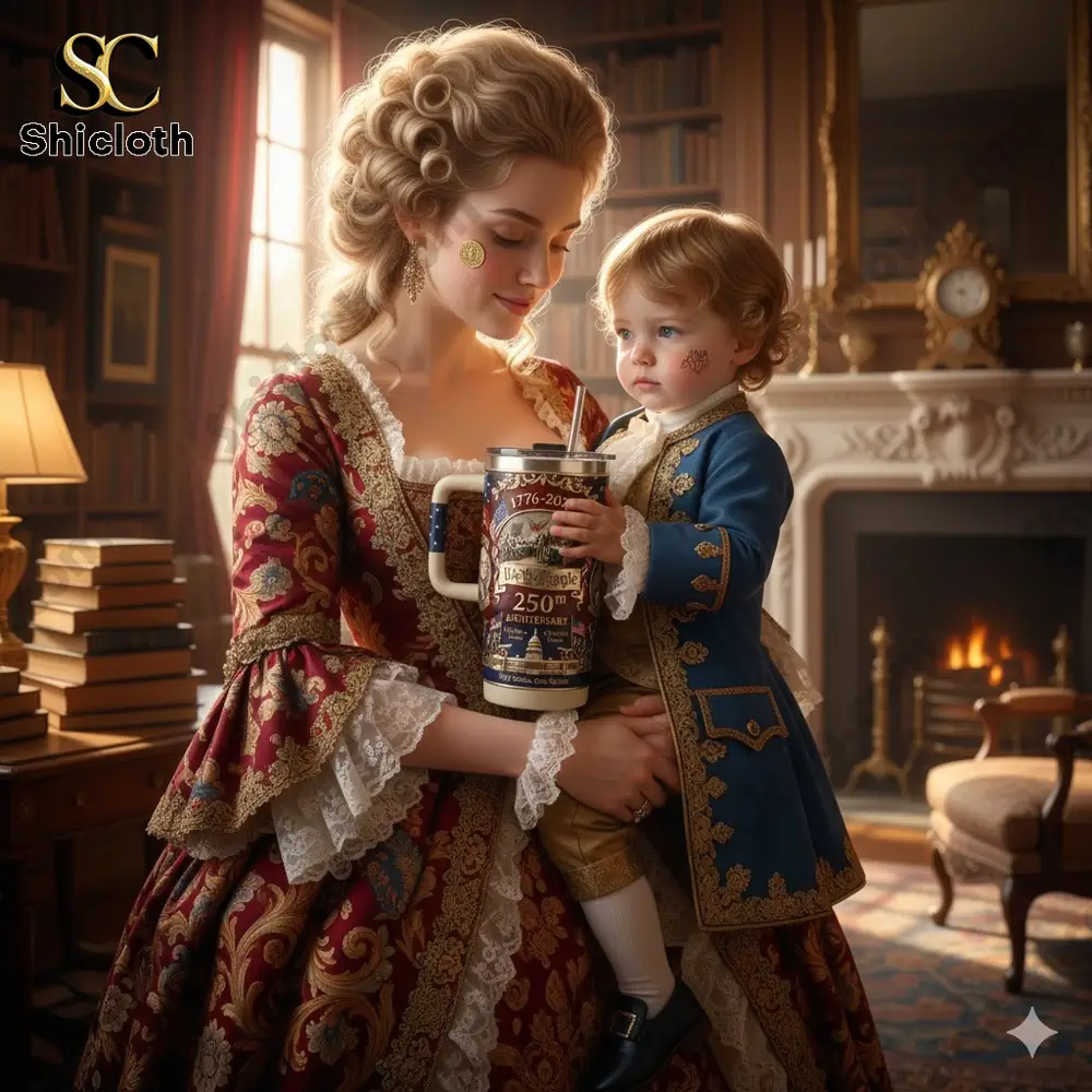 Colonial style mother holding a child with a USA 250th anniversary commemorative mug.