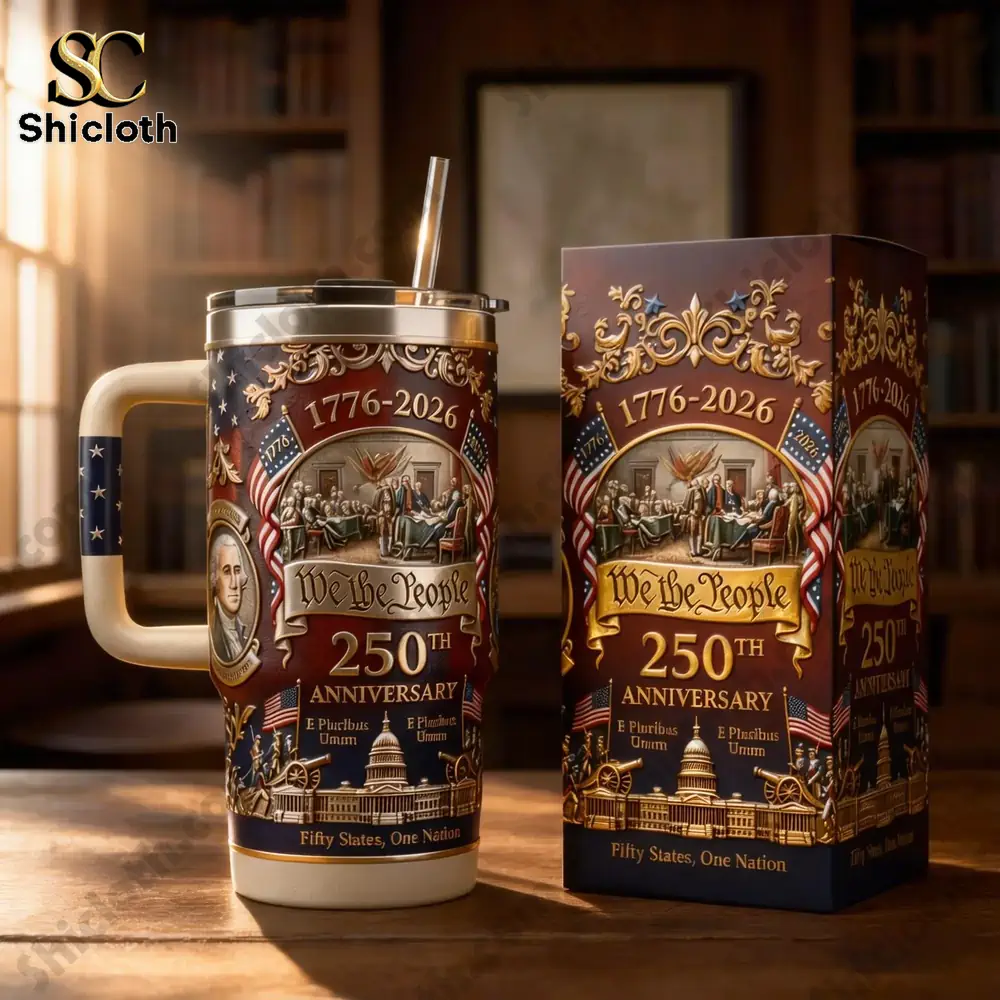 We The People 250th anniversary mug with decorative box on wooden table.