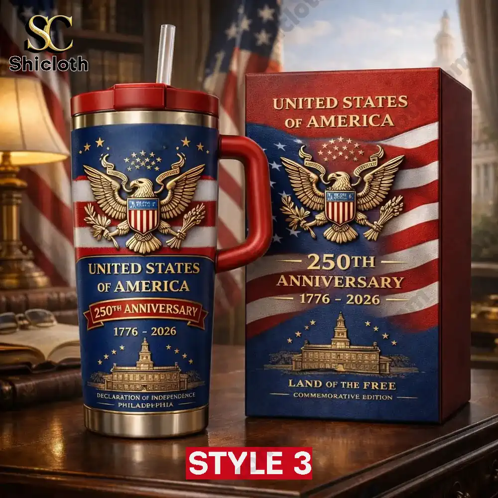 U.S We The People 250th Anniversary Commemorative Custom 40Oz Tumbler 4 USA 250th anniversary mug and box with patriotic red white and blue design.