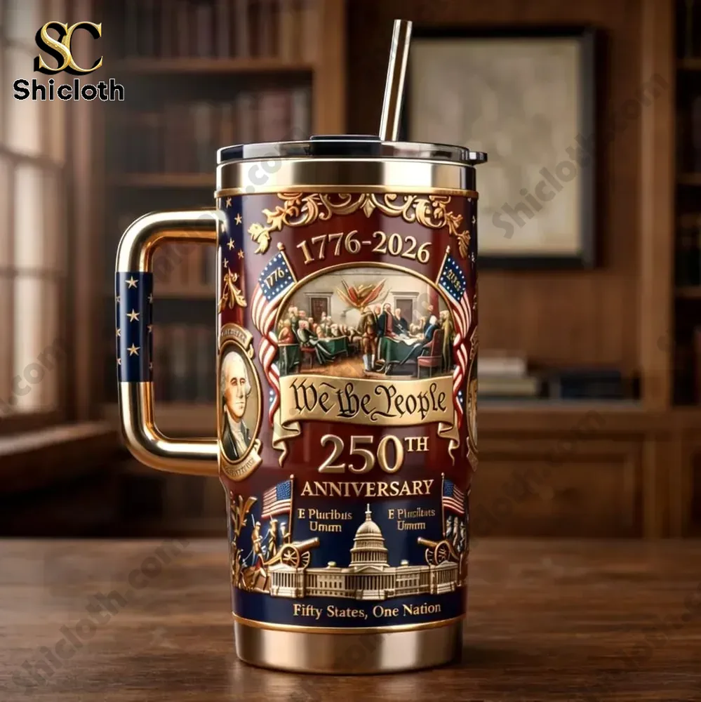U.S We The People 250th Anniversary Commemorative Custom 40Oz Tumbler 5 We The People 250th anniversary commemorative mug displayed in classic library setting.