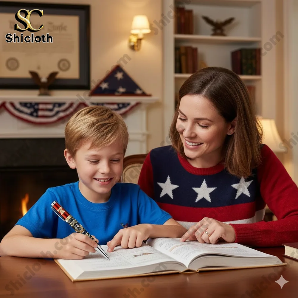 Black History Month Commemorative Edition Pen 12 Mother helping a boy write in a book with a patriotic United States pen.