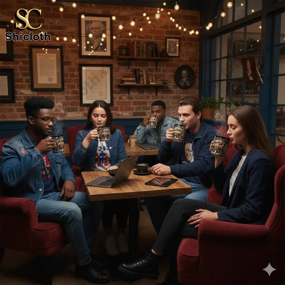 A group of friends enjoying coffee with a patriotic anniversary mug!