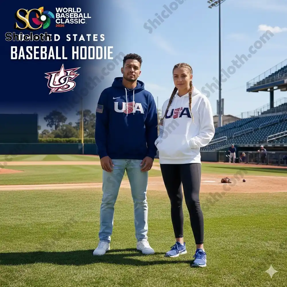 Two models wearing USA baseball hoodies standing on a baseball field!