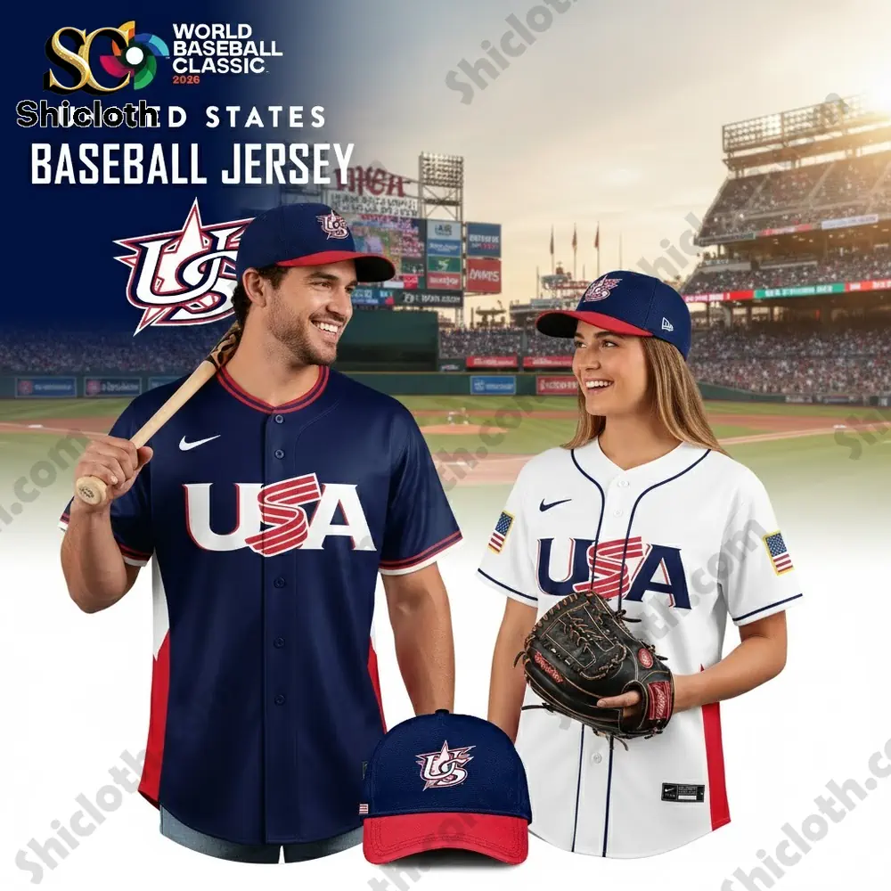 Team USA baseball jerseys for World Baseball Classic 2026 in navy and white.