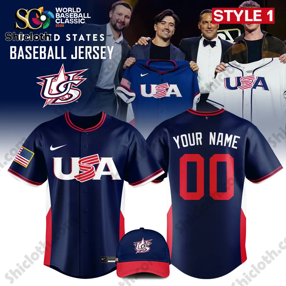 Navy Team USA baseball jersey Style 1 with front and back view and cap.