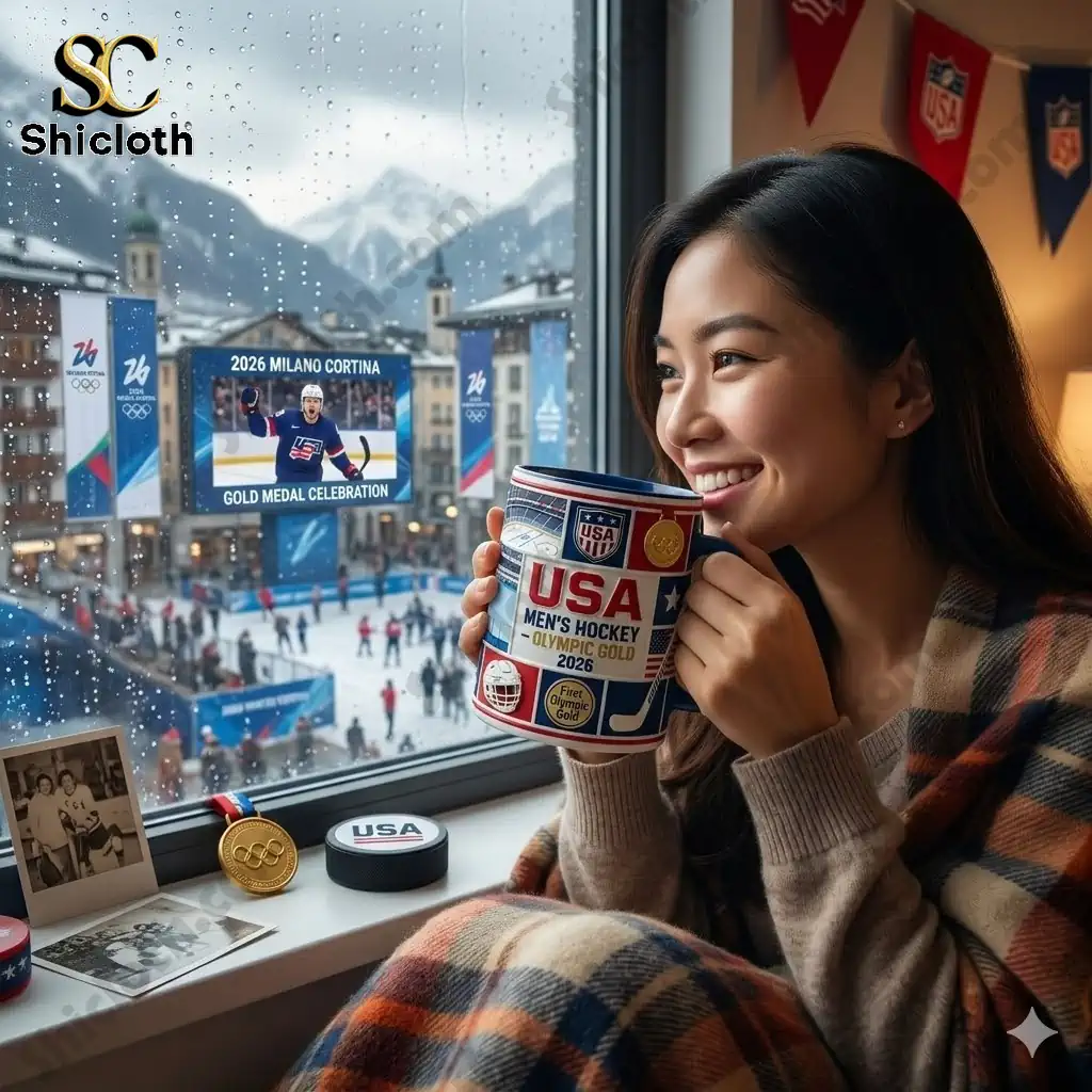 A woman holding a USA Mens Hockey Olympic Gold two thousand twenty six mug near a snowy Olympic venue!