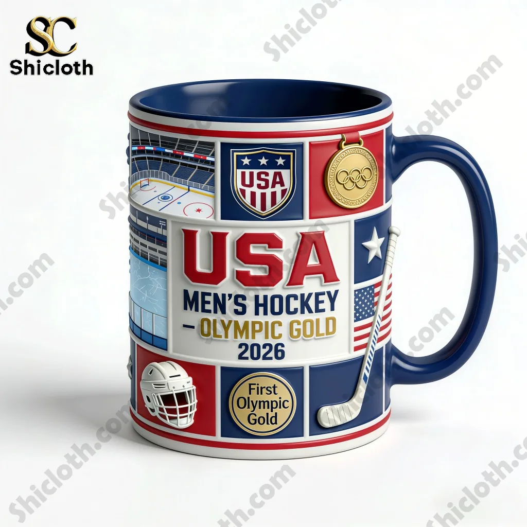 Close up of USA Mens Hockey Olympic Gold two thousand twenty six commemorative mug design!