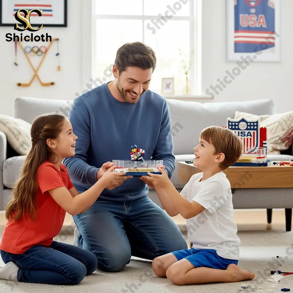 Father and two children holding USA Olympic hockey building set in living room!