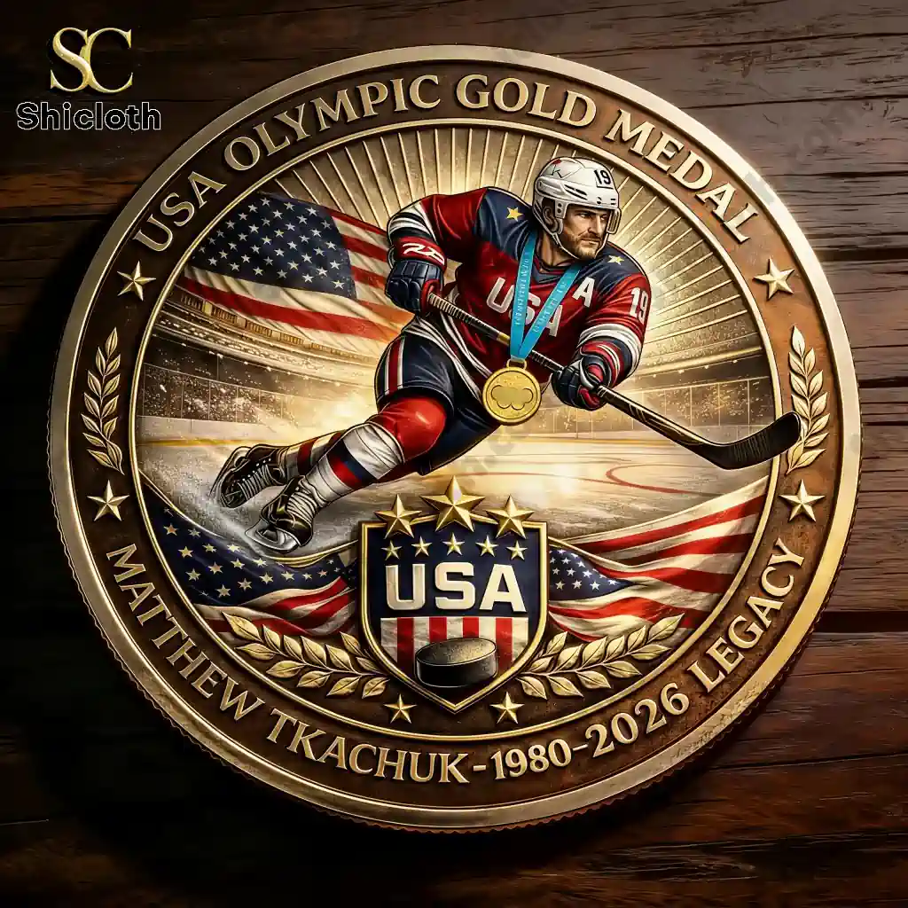 Close up of Shicloth USA Olympic Gold Medal Matthew Tkachuk commemorative coin with hockey design
