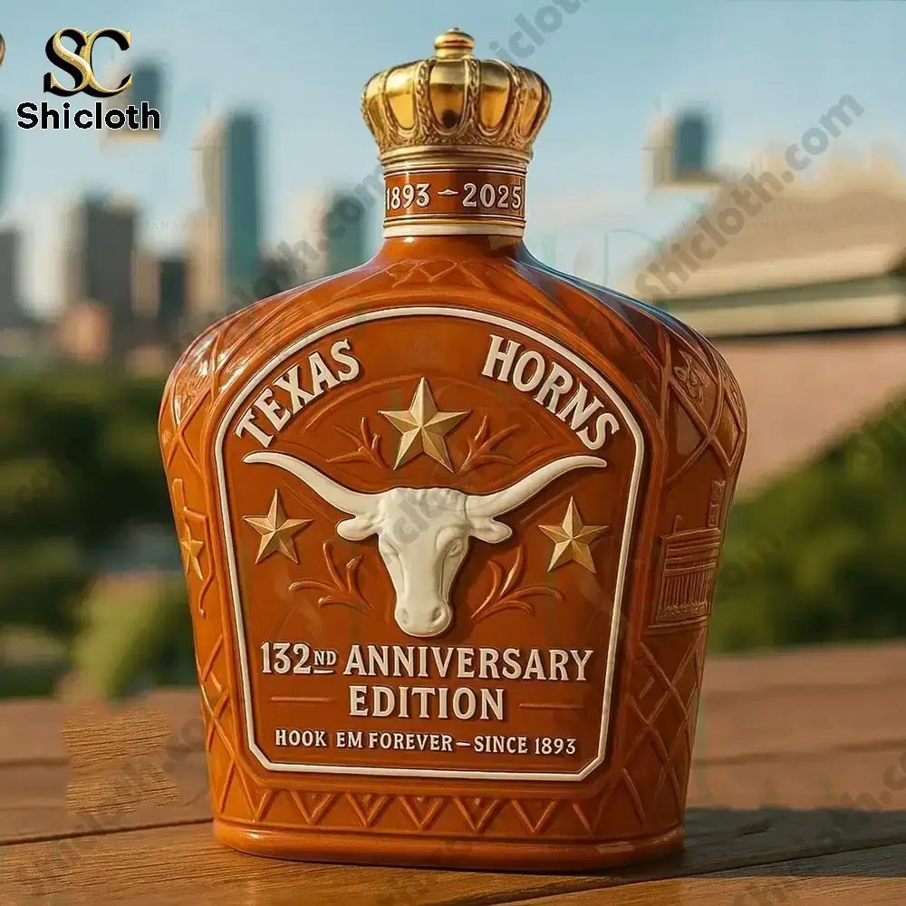 Texas Horns 132nd Anniversary Edition bottle with longhorn logo and crown cap.