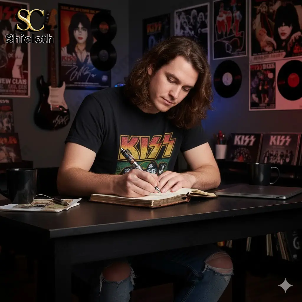 Man wearing a Kiss shirt writing in a notebook at a desk with rock band posters on the wall