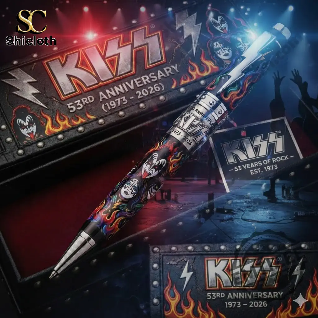 Kiss 53rd anniversary pen with rock stage background and Shiclothg branding