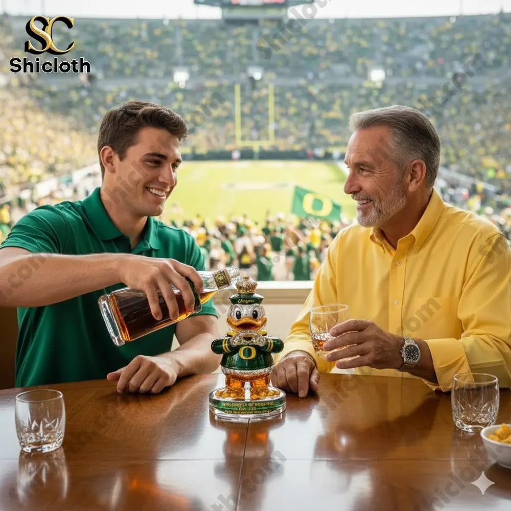 Two men at a stadium pour whiskey beside a duck mascot themed bottle!