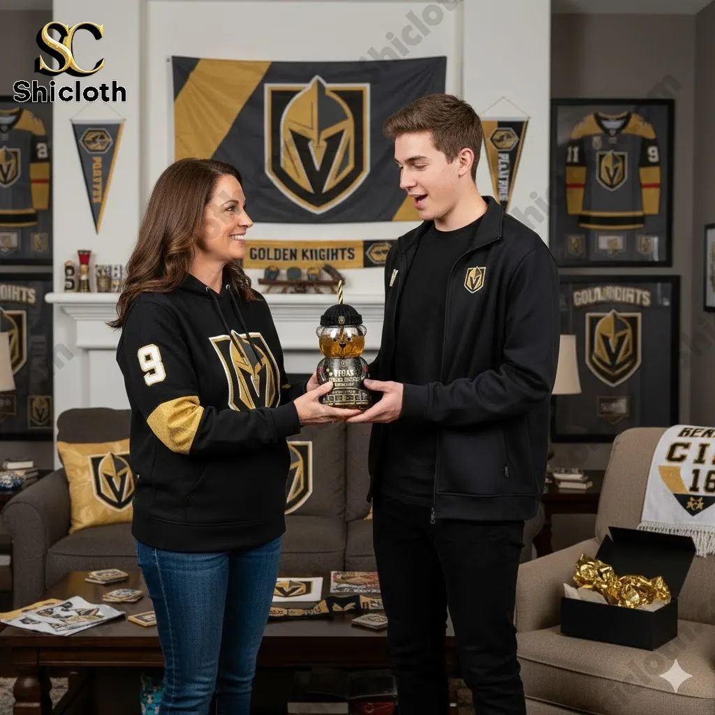 Two people holding a Vegas Golden Knights bear cup in a fan themed room.