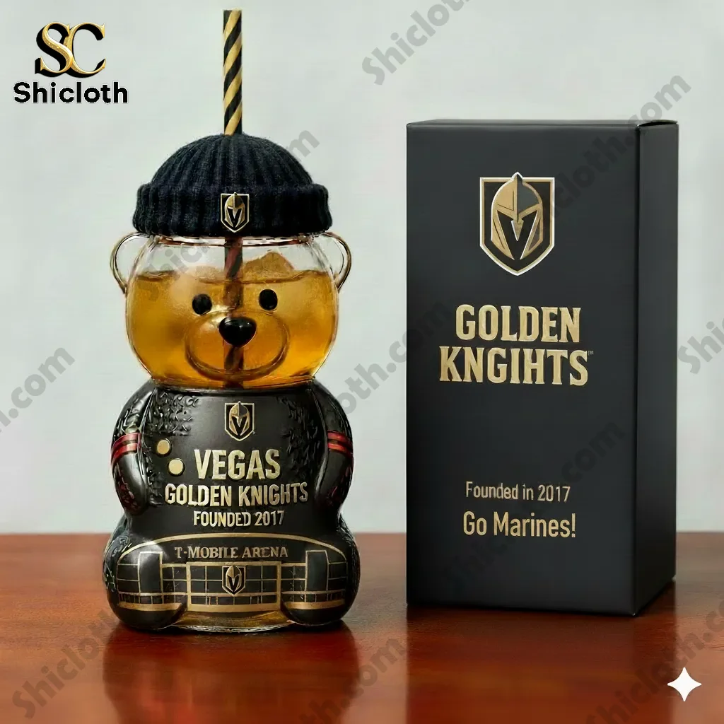 Vegas Golden Knights bear cup displayed next to a branded black gift box.