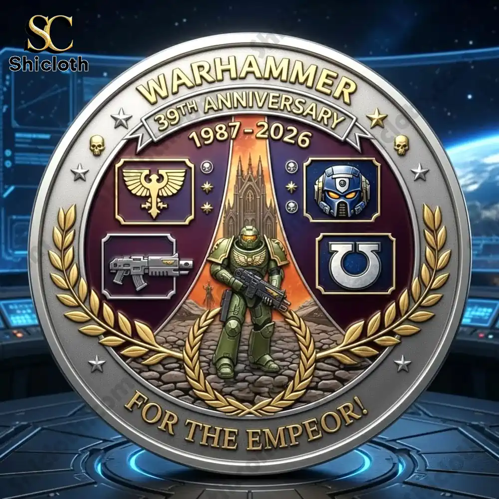 Warhammer anniversary coin with Space Marine on futuristic background!