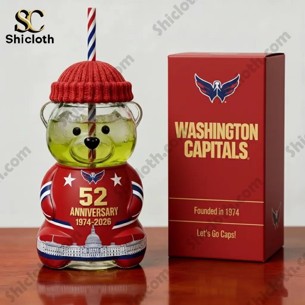 Washington Capitals 52nd anniversary bear bottle with red gift box on a table!