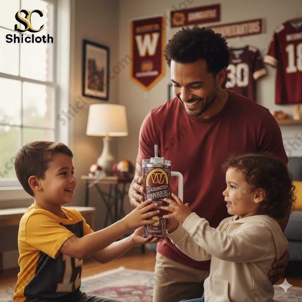 Father and two children holding Washington Commanders Take Command tumbler in living room!