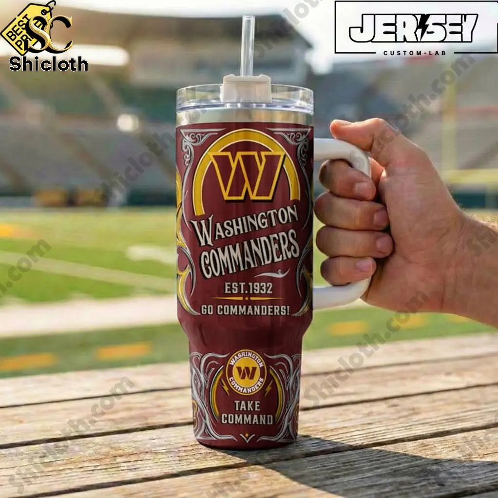Close up of Washington Commanders Take Command tumbler at stadium!