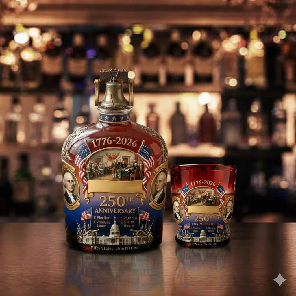 Patriotic anniversary bottle and glass set on a bar counter!