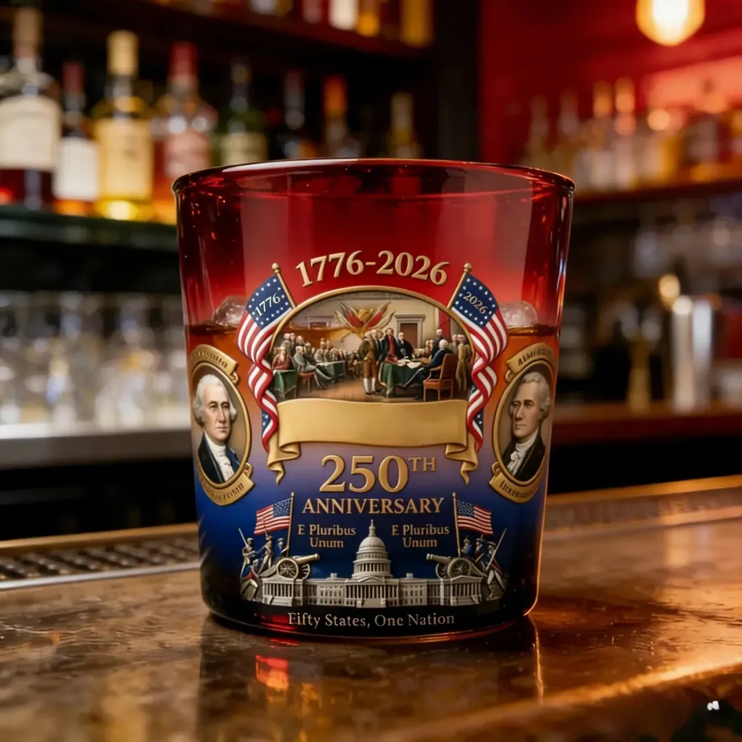 Red patriotic anniversary drinking glass on a bar counter!