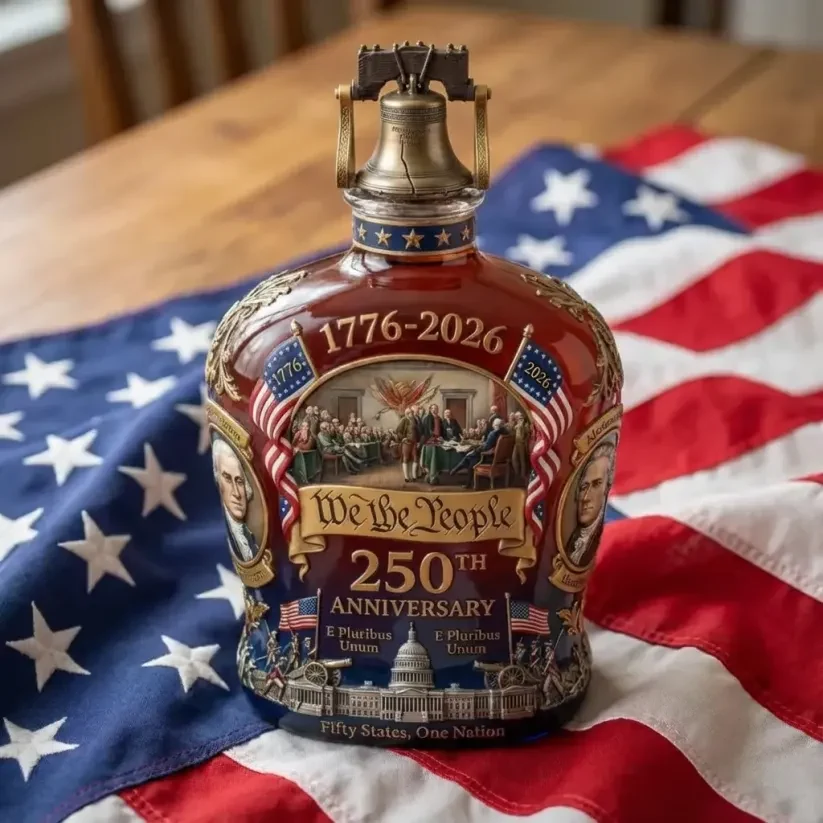 We The People 250th Anniversary Commemorative Whiskey Bottle And Glass Combo Set 5 Patriotic anniversary bottle displayed on an American flag!
