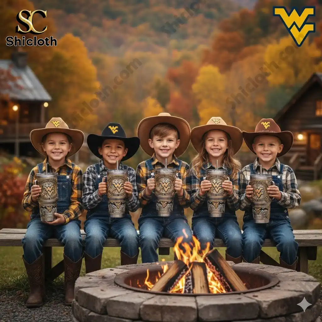 Pokemon 30th Anniversary 1996-2026 Custom Name Tumbler 19 Kids in cowboy outfits holding West Virginia Mountaineers tumblers by a campfire