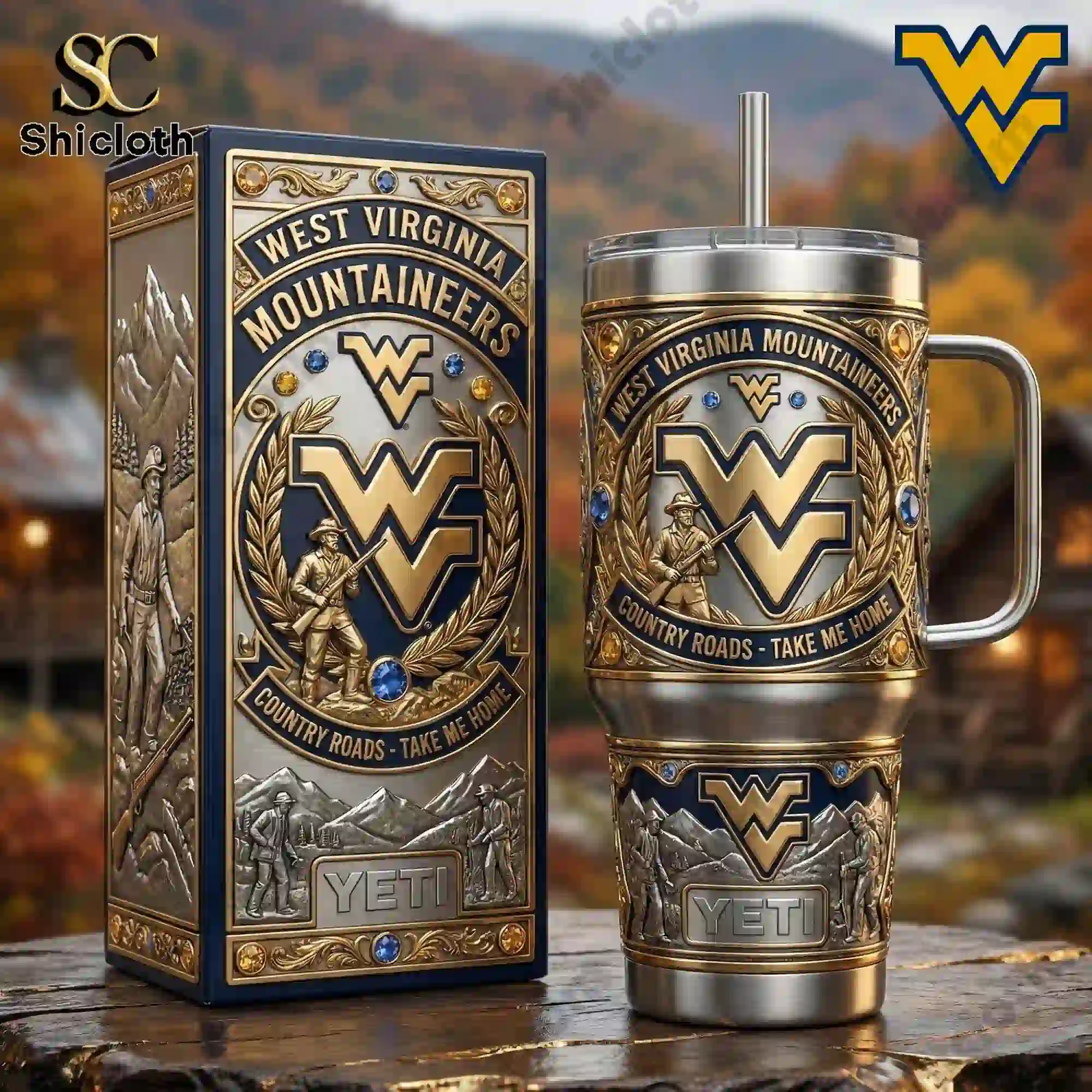West Virginia Mountaineers tumbler with matching gift box display