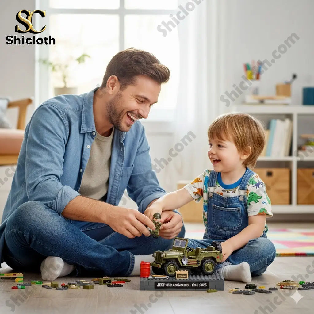 Father and young son playing with Shicloth Willys MB Jeep 85th Anniversary brick set on the floor.