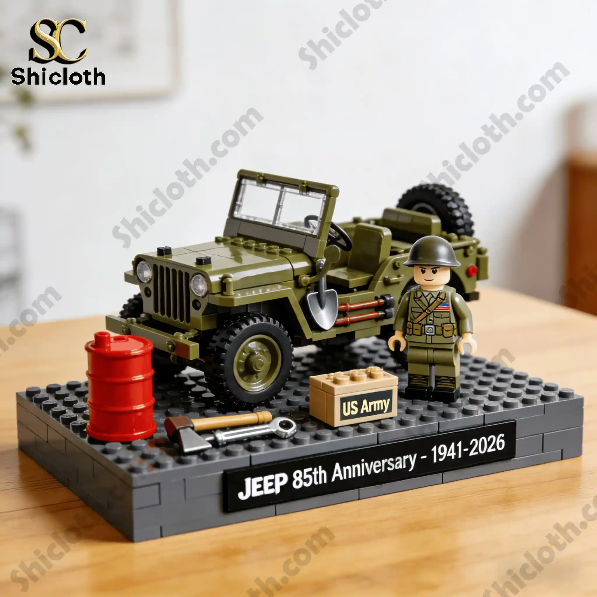 Close up of Shicloth Willys MB Jeep 85th Anniversary brick set with soldier figure and accessories.