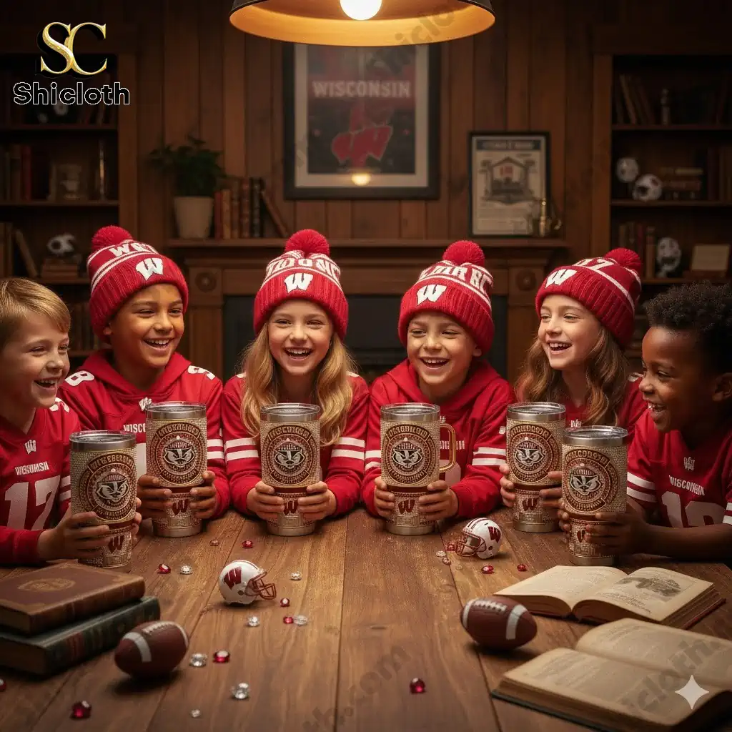 Pokemon 30th Anniversary 1996-2026 Custom Name Tumbler 17 Kids wearing Wisconsin Badgers outfits holding matching tumblers at a wooden table