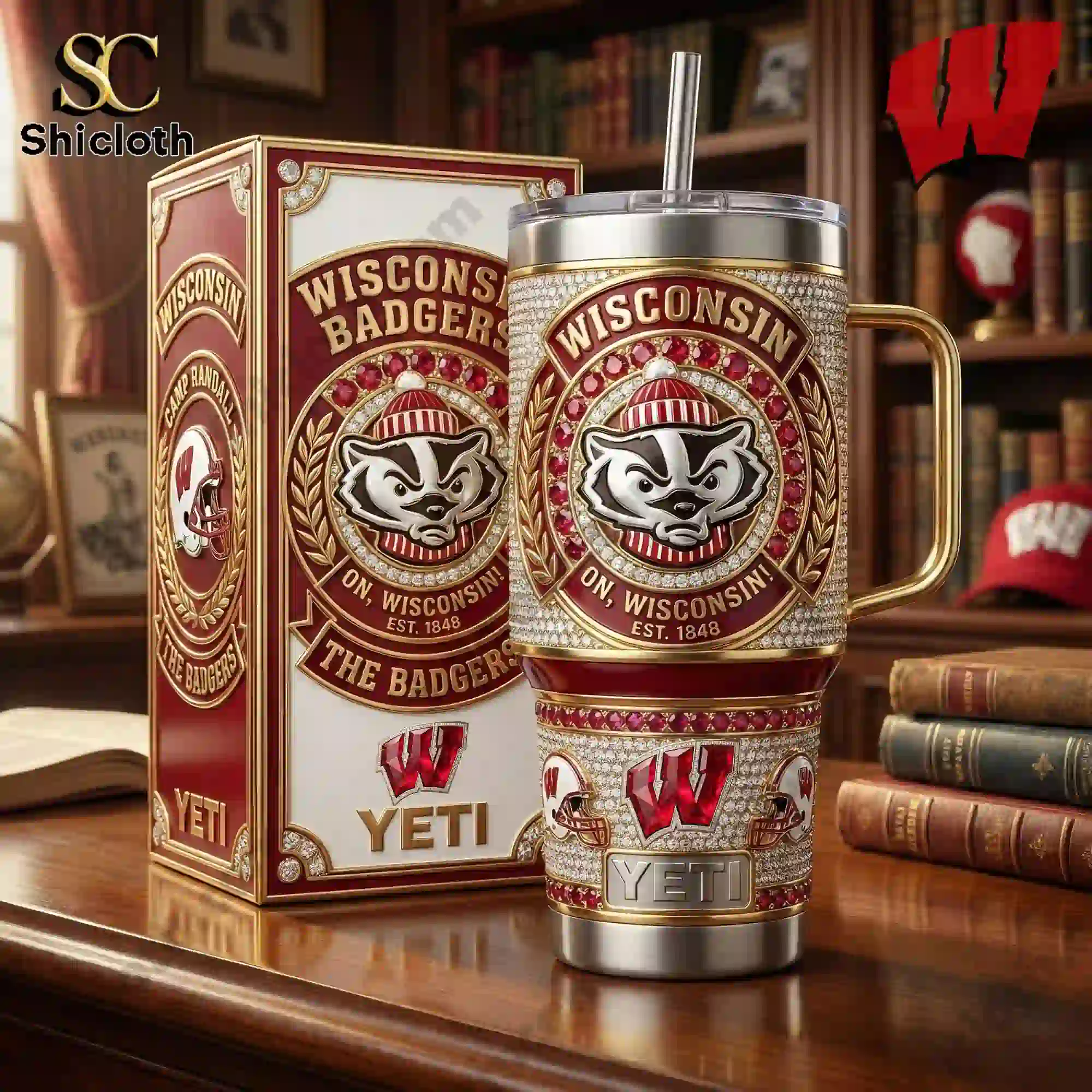 Wisconsin Badgers tumbler with handle displayed next to branded gift box