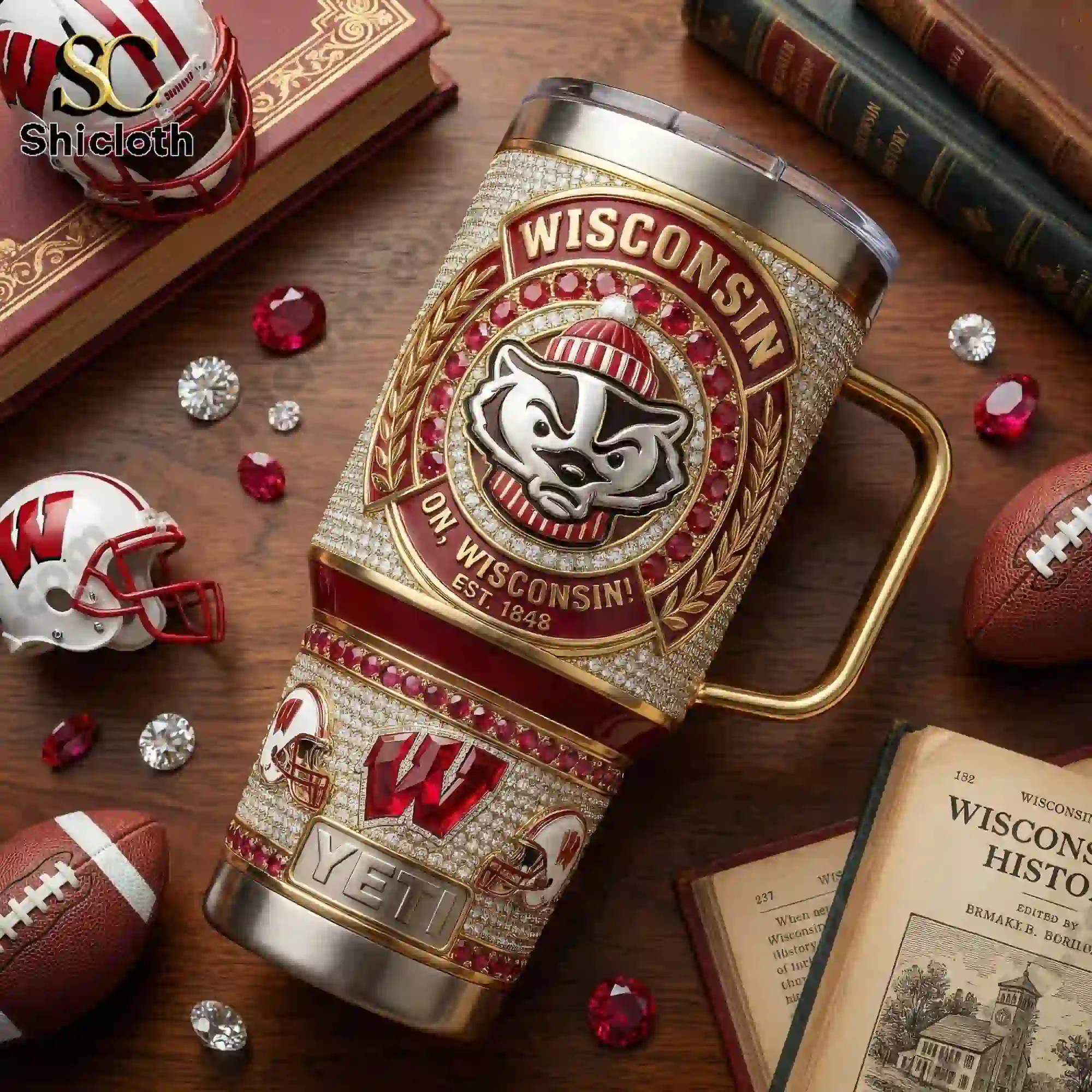 Wisconsin Badgers 40oz Tumbler With Handle 3 Wisconsin Badgers tumbler with handle on table surrounded by football items