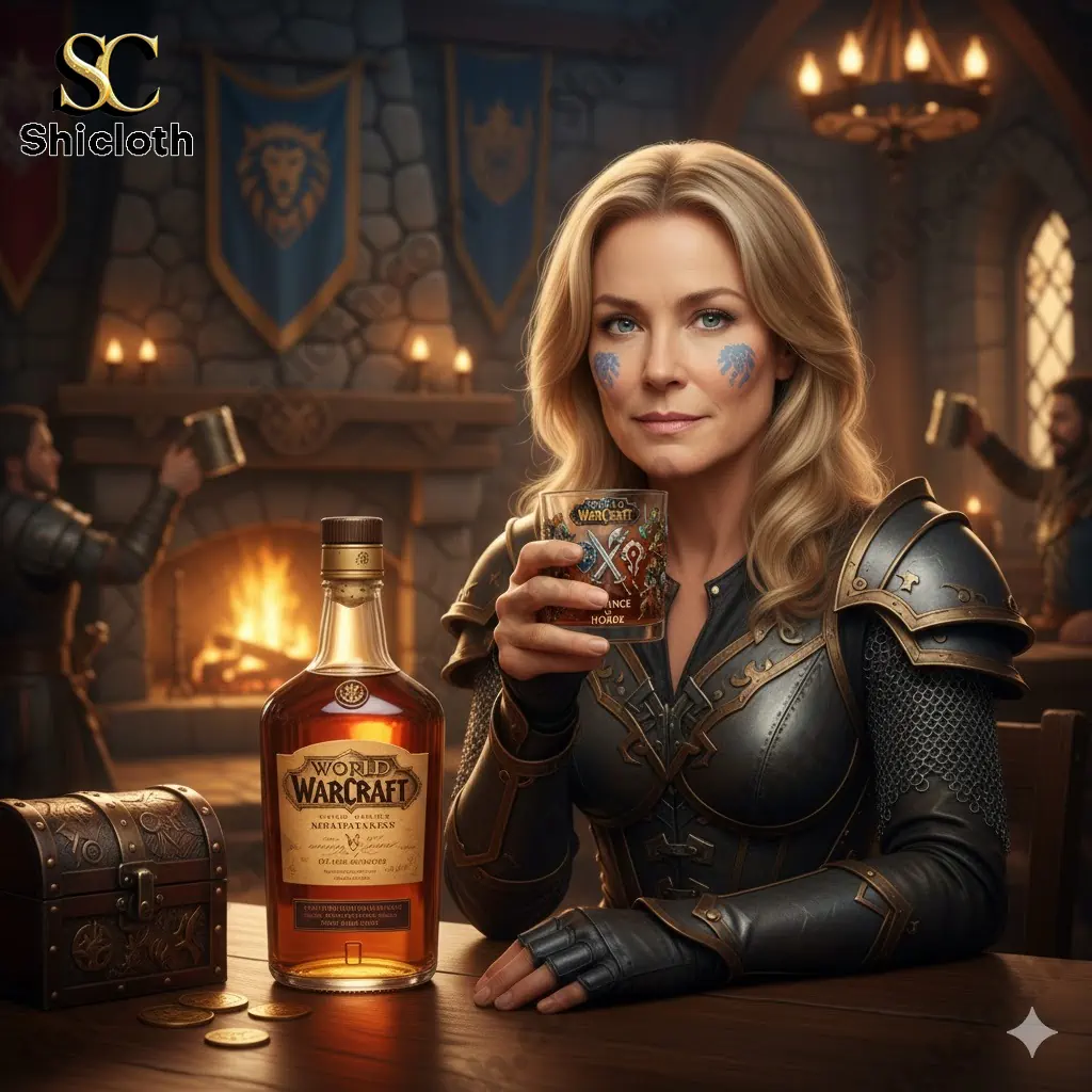 Female warrior holding World of Warcraft Alliance vs Horde whiskey glass beside bottle in medieval tavern!