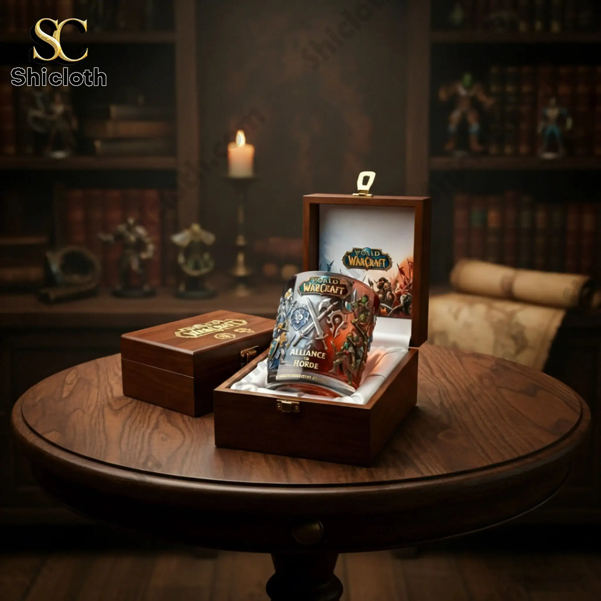World of Warcraft Alliance vs Horde whiskey glass displayed inside elegant wooden gift box!