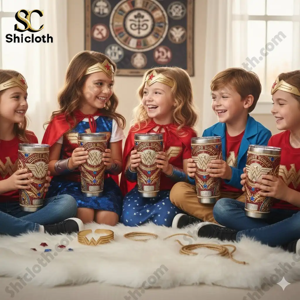 Pokemon 30th Anniversary 1996-2026 Custom Name Tumbler 15 Kids dressed in Wonder Woman costumes holding Wonder Woman Yeti tumblers and smiling.