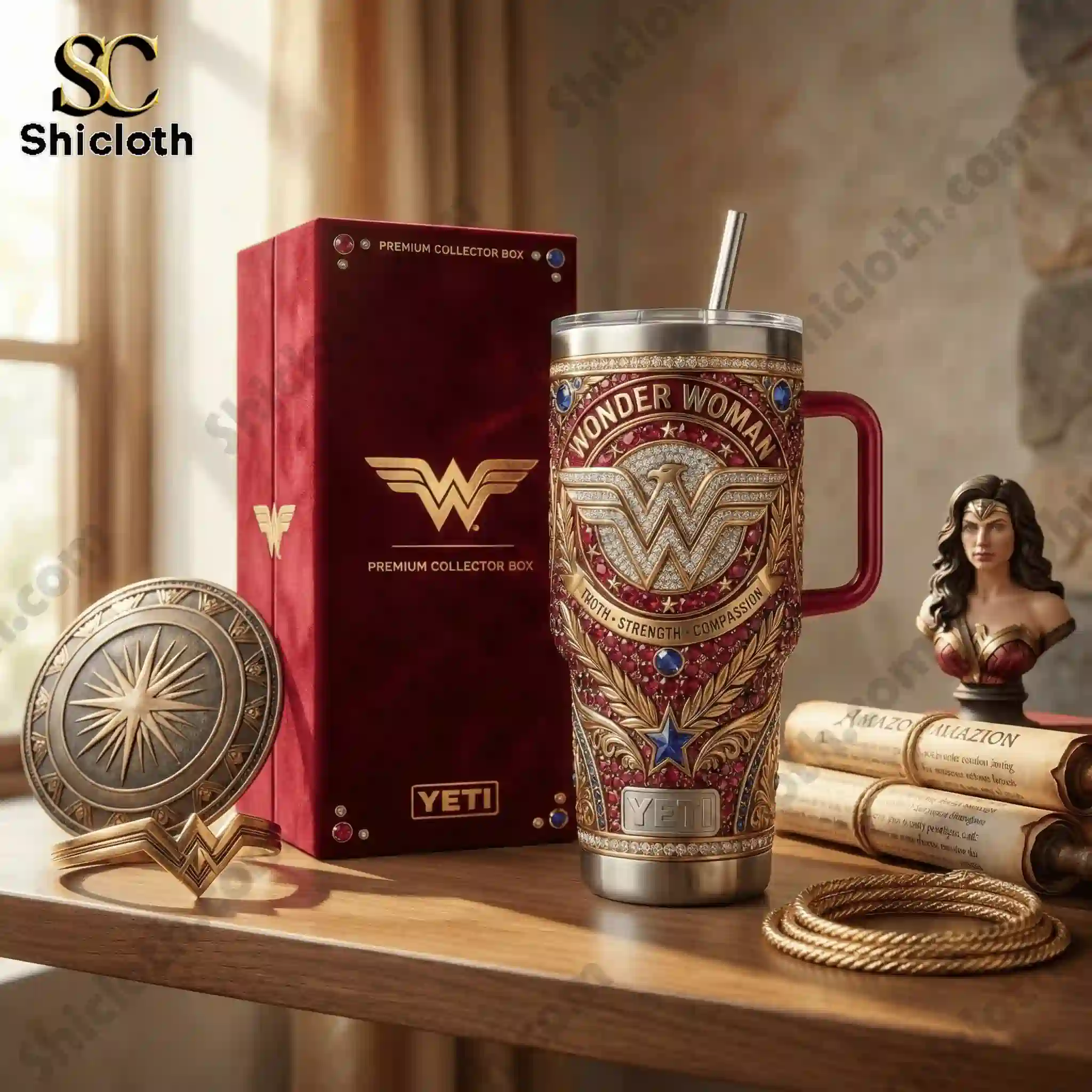 Wonder Woman Yeti tumbler with premium collector box displayed on a wooden table.