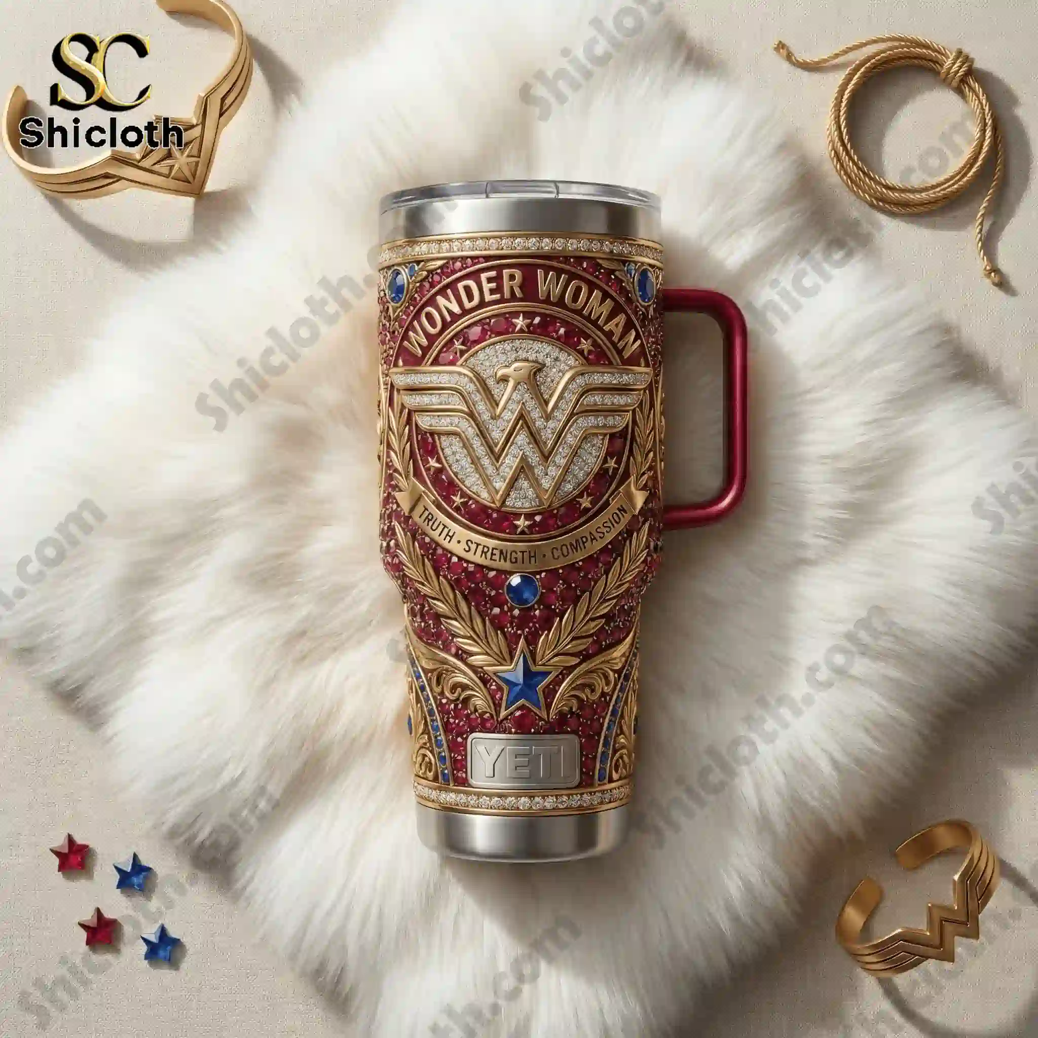 Wonder Woman Premium Collector Yeti Tumbler 3 Top view of a Wonder Woman Yeti tumbler on a white fur background with themed accessories.