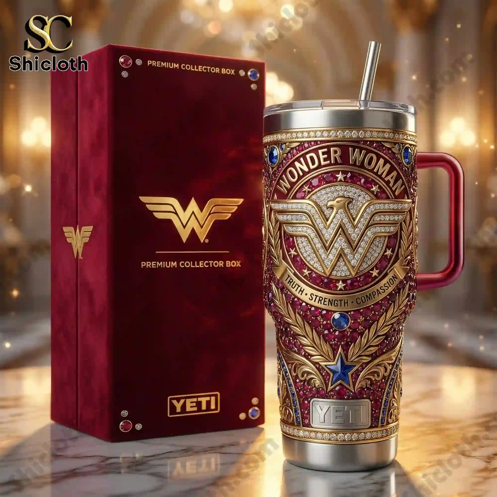 Wonder Woman Premium Collector Yeti Tumbler 4 Wonder Woman Yeti tumbler next to a premium collector box in a luxury setting.