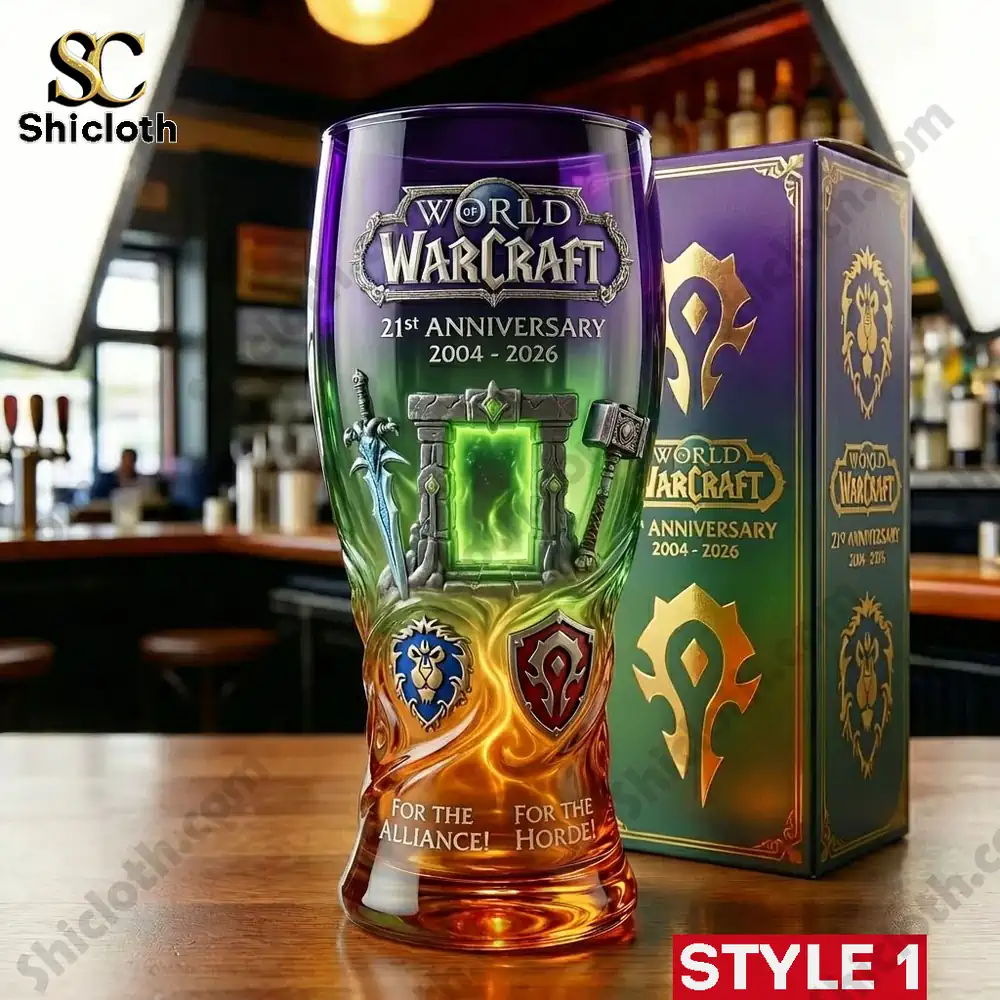 World of Warcraft 21st anniversary beer glass with purple green orange design and matching box.