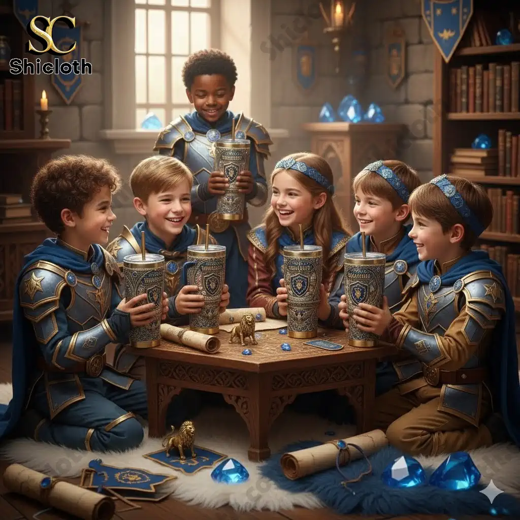 Pokemon 30th Anniversary 1996-2026 Custom Name Tumbler 13 Kids in fantasy armor holding World of Warcraft Alliance tumblers in a castle room.