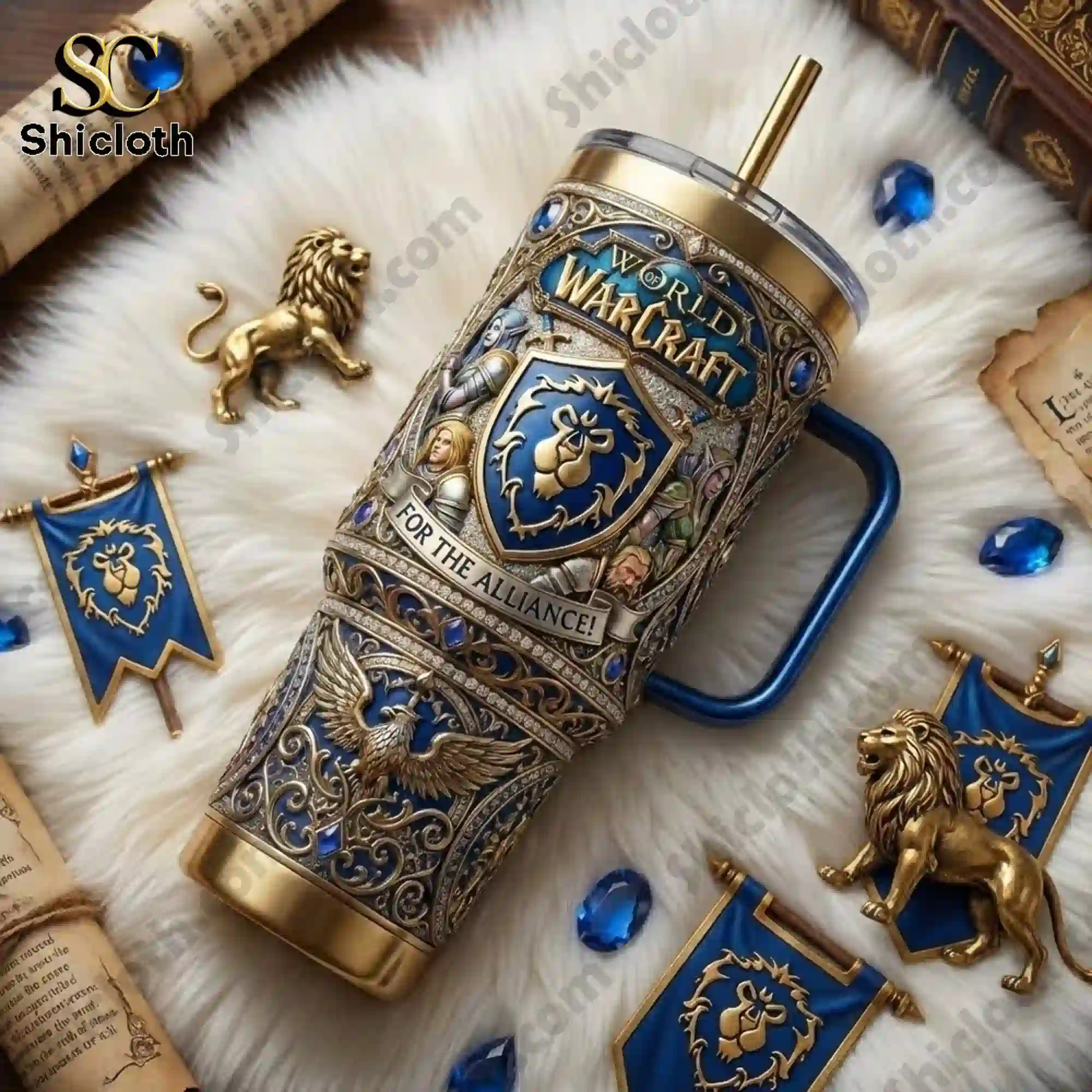 World of Warcraft Alliance tumbler with handle displayed on white fur with blue gems.