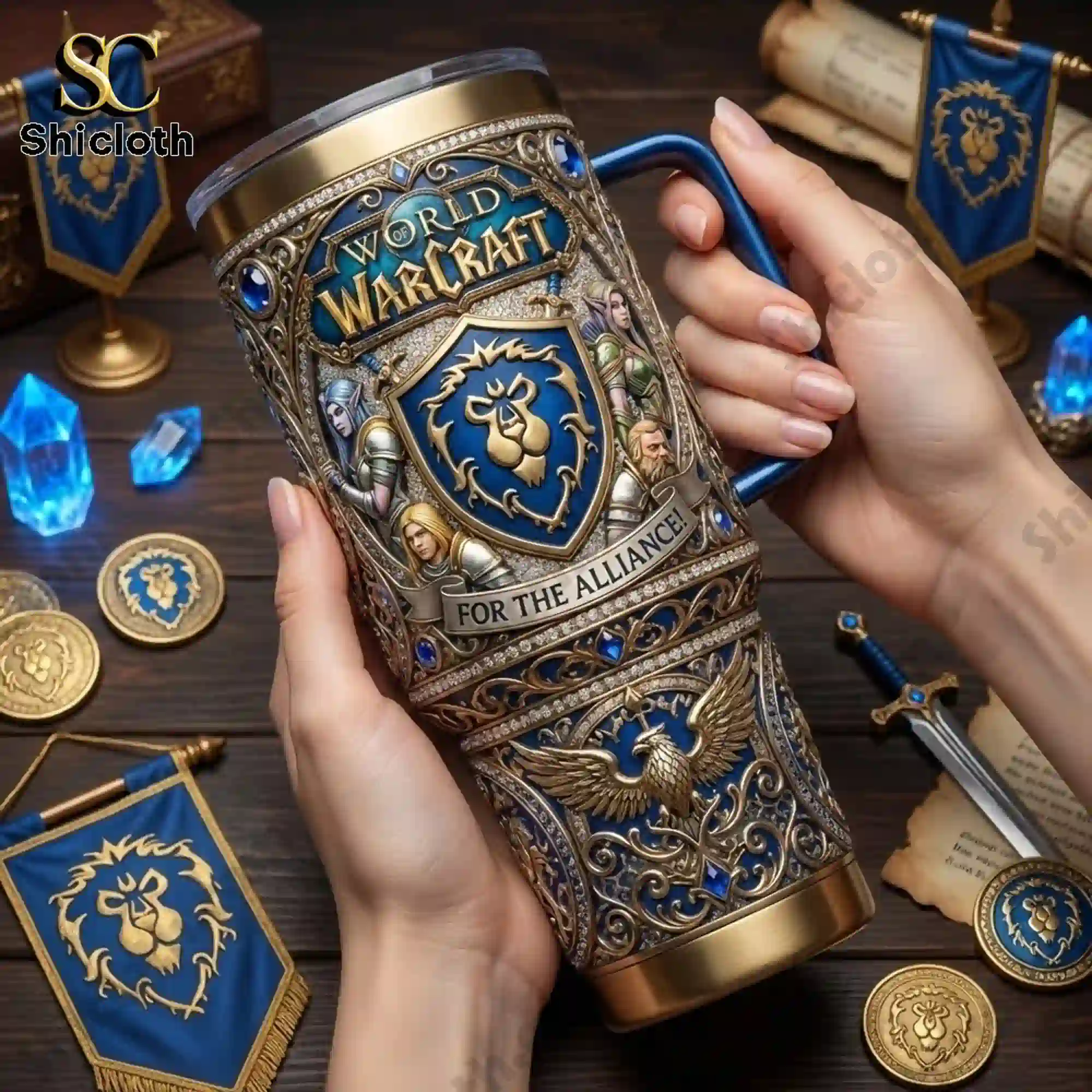 World of Warcraft YETI 40oz Tumbler With Handle 3 Hands holding a World of Warcraft Alliance tumbler with handle on a fantasy themed table.