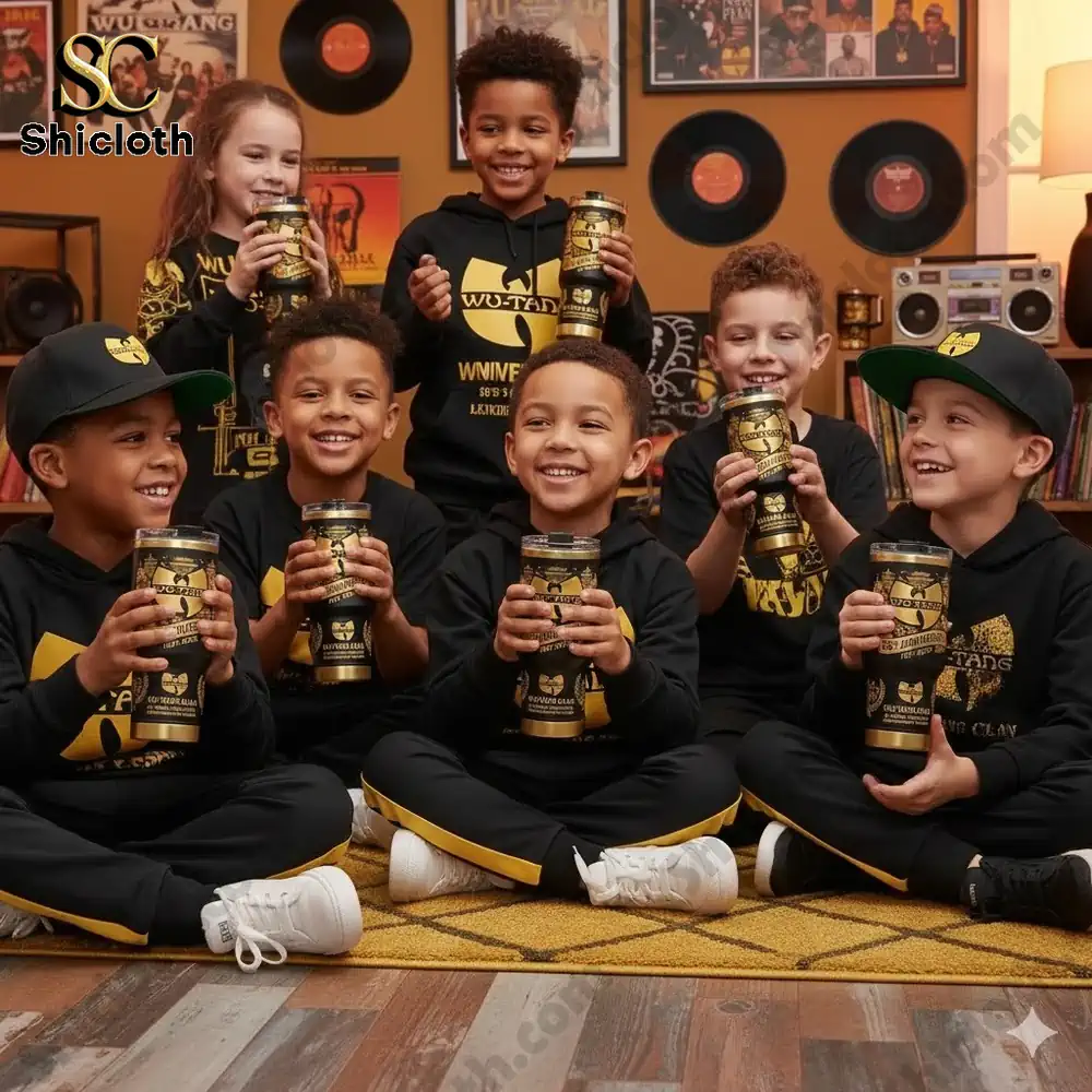 Oregon Ducks 131st Anniversary Tribute Tumbler 29 Kids wearing Wu Tang outfits holding Wu Tang anniversary tumblers indoors.