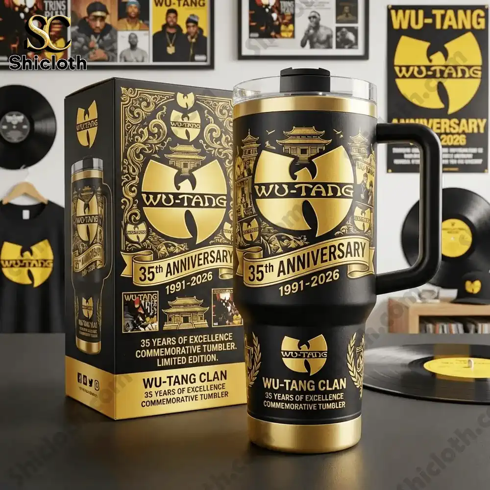 Wu Tang 35th Anniversary tumbler displayed beside its gift box in a music themed room.