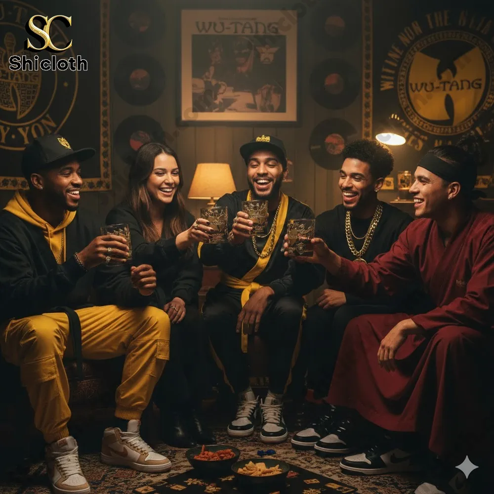 Group of friends toasting drinks in a Wu Tang themed room!