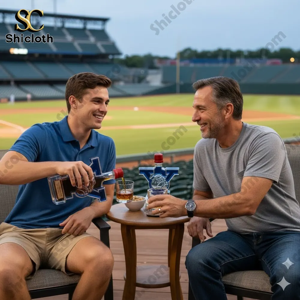 Two men at a sports field pour whiskey from a letter shaped themed bottle!