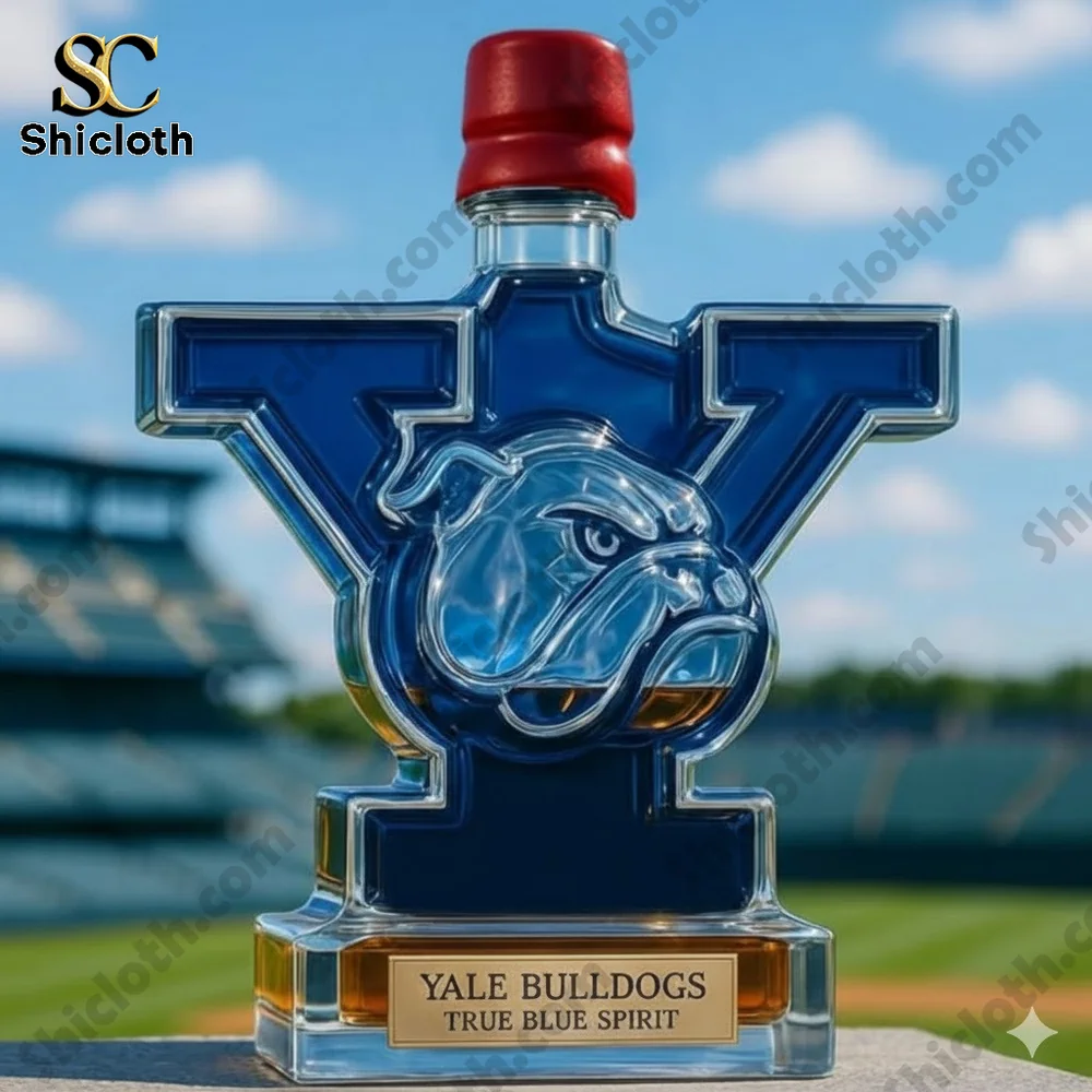 A bulldog themed letter shaped whiskey bottle displayed near a stadium!