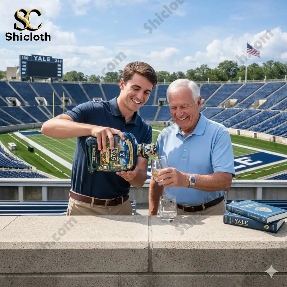 Two men pouring commemorative whiskey with Yale stadium in background!